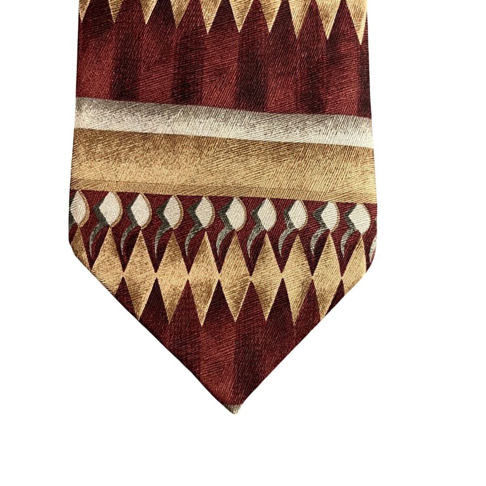 Carlos Devenezia Mens Silk Tie Burgundy Gold Geometric Abstract Hand Made Roma